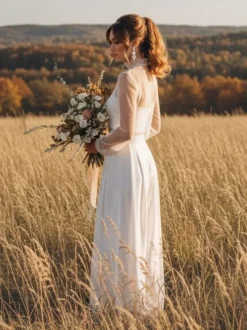 Wedding 3 Piece Pant Suits for Bride Lace Chiffon Illusion Neckline Zipper Long Sleeves Floor Length