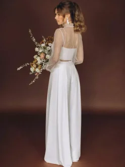 Wedding 3 Piece Pant Suits for Bride Lace Chiffon Illusion Neckline Zipper Long Sleeves Floor Length