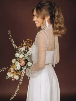 Wedding 3 Piece Pant Suits for Bride Lace Chiffon Illusion Neckline Zipper Long Sleeves Floor Length