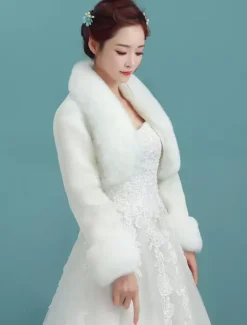 Wedding Bolero Jacket Ivory Collar Long Sleeve Faux Fur Bridal Winter Shawl