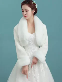 Wedding Bolero Jacket Ivory Collar Long Sleeve Faux Fur Bridal Winter Shawl