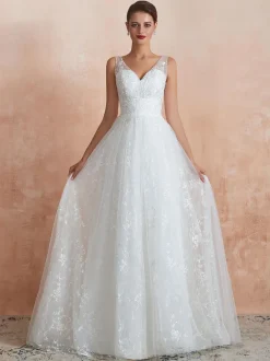 Wedding Dress 2026 A Line V Neck Sleeveless Floor Length Bridal Gowns With Train