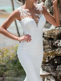 Wedding Dress 2026 Mermaid Lace Jewel Neck Sleeveless Back Hollow Out Bridal Gowns With Train