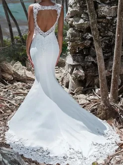 Wedding Dress 2026 Mermaid Lace Jewel Neck Sleeveless Back Hollow Out Bridal Gowns With Train