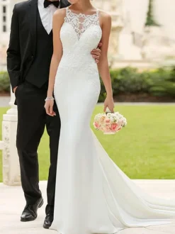 Wedding Dress 2026 Simple Mermaid Bateau Neck Sleeveless Lace Appliqued Traditional Bridal Dresses