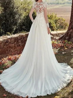 Wedding Dress 2026 V Neck A Line Long Sleeve Floor Length Lace Applique Tulle Bridal Dresses With Train