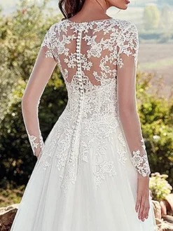 Wedding Dress 2026 V Neck A Line Long Sleeve Floor Length Lace Applique Tulle Bridal Dresses With Train