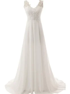 Wedding Dress A Line V Neck Sleeveless Lace Flora Beaded Bridal Dresses With Train