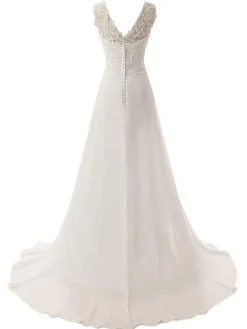 Wedding Dress A Line V Neck Sleeveless Lace Flora Beaded Bridal Dresses With Train