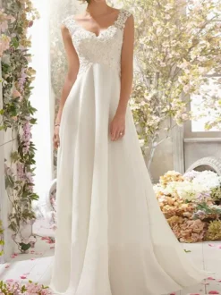Wedding Dress A Line V Neck Sleeveless Lace Flora Beaded Bridal Dresses With Train