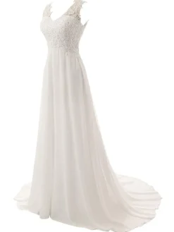 Wedding Dress A Line V Neck Sleeveless Lace Flora Beaded Bridal Dresses With Train
