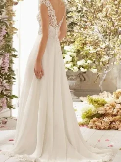 Wedding Dress A Line V Neck Sleeveless Lace Flora Beaded Bridal Dresses With Train