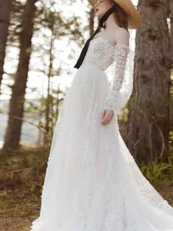 Wedding Dress Lace Sweetheart Neck 3/4 Length Sleeves With Train Lace Bridal Gowns