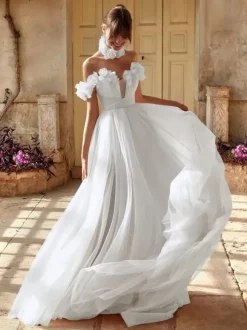 Wedding Dress V-Neck Sleeveless With Train Organza Bridal Gowns