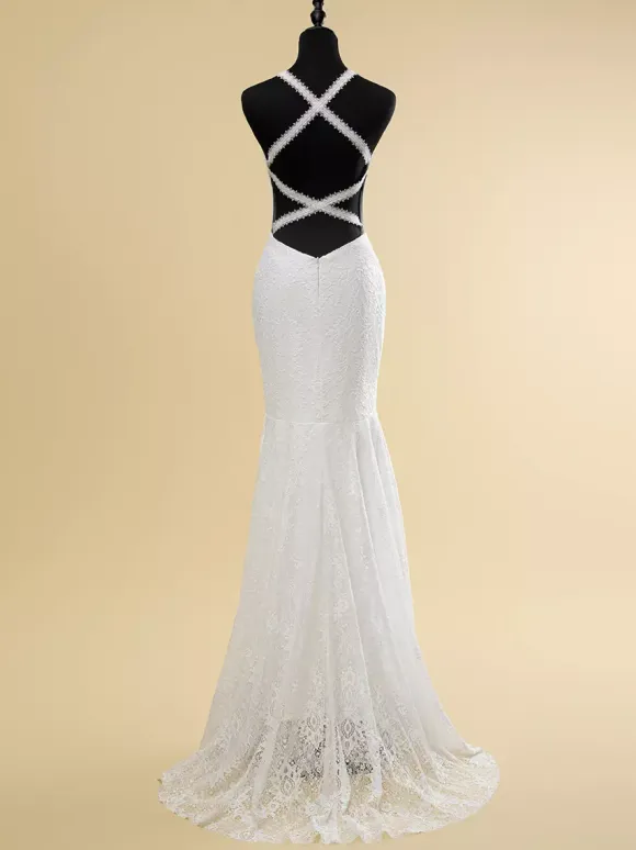 Wedding Dress V-Neck Sleeveless Natural Waist Cut Out With Train Bridal Mermaid Dress