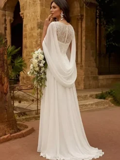 Wedding Dress With Shawl A-Line Half Sleeves Lace Jewel Neck Bridal Gowns