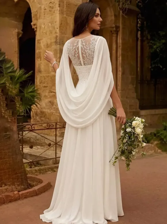Wedding Dress With Shawl A-Line Half Sleeves Lace Jewel Neck Bridal Gowns