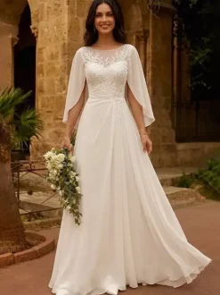 Wedding Dress With Shawl A-Line Half Sleeves Lace Jewel Neck Bridal Gowns