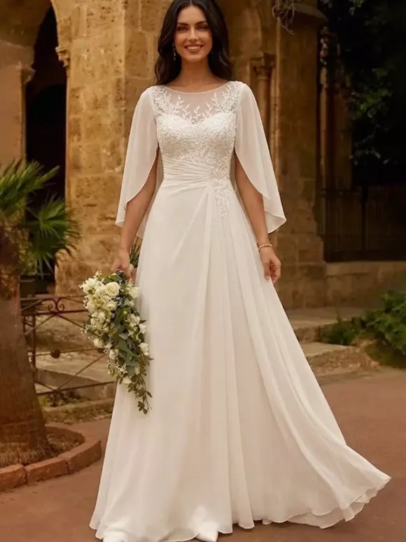 Wedding Dress With Shawl A-Line Half Sleeves Lace Jewel Neck Bridal Gowns