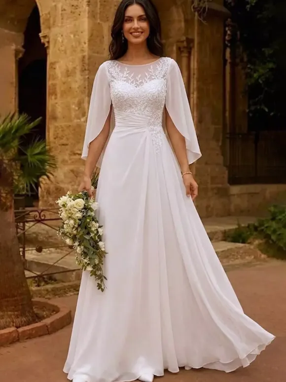Wedding Dress With Shawl A-Line Half Sleeves Lace Jewel Neck Bridal Gowns