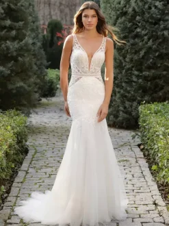 Wedding Dress With Train Sleeveless Cut Out V-Neck Bridal Gowns