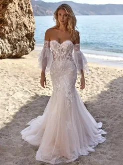 Wedding Dress With Train Half Sleeves Sequins Sweetheart Neck Bridal Mermaid Dress
