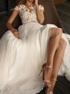 Wedding Dresses 2026 Illusion Neck Short Sleeve Floor Length Lace Soft Tulle Beach Bridal Gowns For Boho Wedding