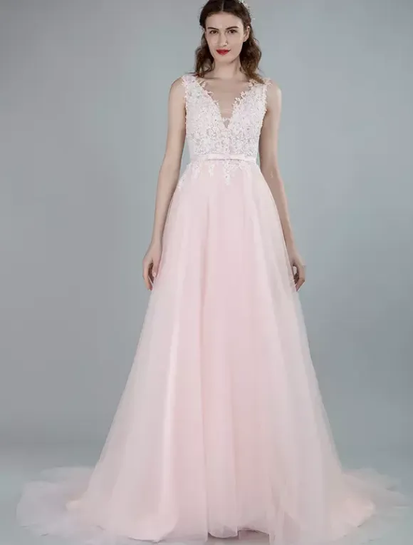 Wedding Dresses A Line Sleeveless Bows V Neck Bridal Dresses With Court Train