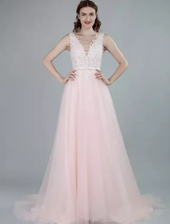 Wedding Dresses A Line Sleeveless Bows V Neck Bridal Dresses With Court Train