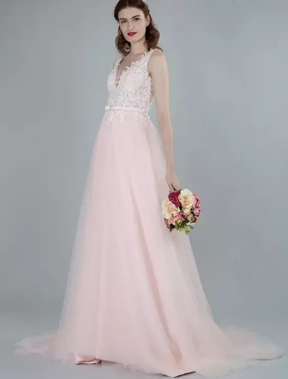 Wedding Dresses A Line Sleeveless Bows V Neck Bridal Dresses With Court Train