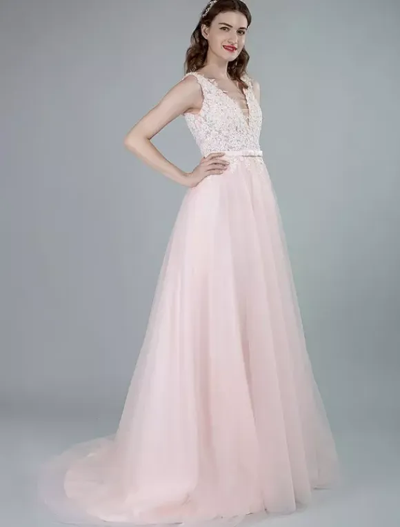 Wedding Dresses A Line Sleeveless Bows V Neck Bridal Dresses With Court Train