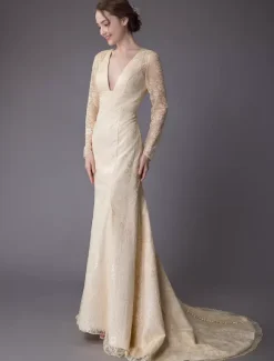 Wedding Dresses Lace V Neck Long Sleeve Backless Mermaid Bridal Gown With Train