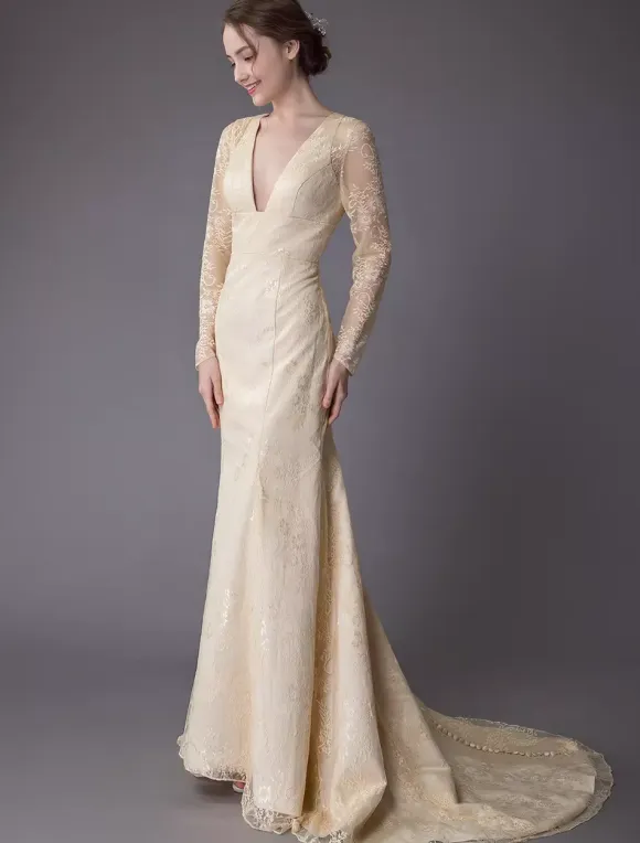 Wedding Dresses Lace V Neck Long Sleeve Backless Mermaid Bridal Gown With Train