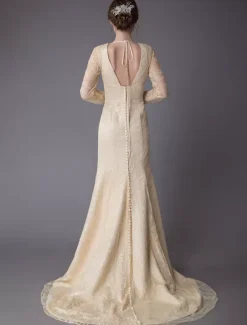 Wedding Dresses Lace V Neck Long Sleeve Backless Mermaid Bridal Gown With Train