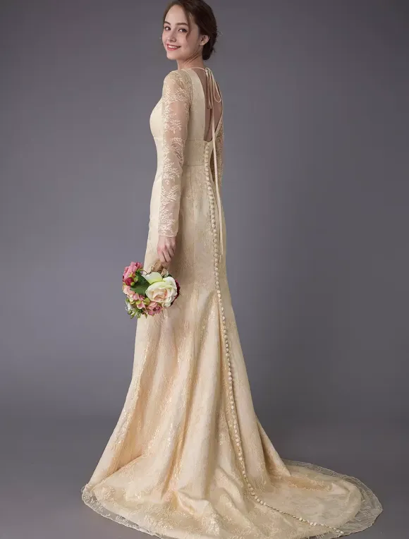 Wedding Dresses Lace V Neck Long Sleeve Backless Mermaid Bridal Gown With Train