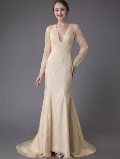 Wedding Dresses Lace V Neck Long Sleeve Backless Mermaid Bridal Gown With Train