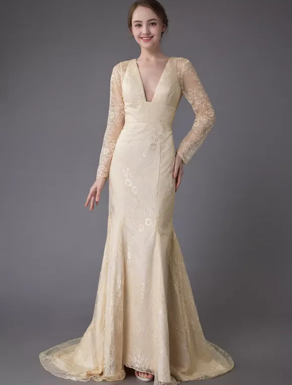 Wedding Dresses Lace V Neck Long Sleeve Backless Mermaid Bridal Gown With Train