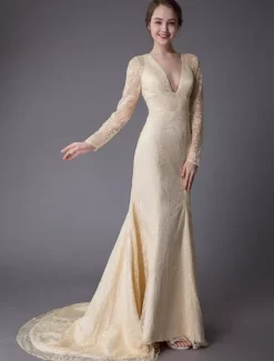 Wedding Dresses Lace V Neck Long Sleeve Backless Mermaid Bridal Gown With Train