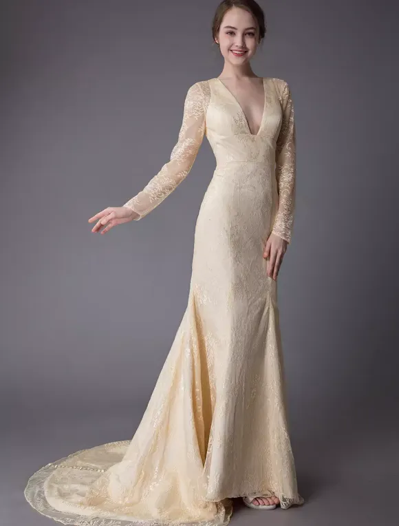 Wedding Dresses Lace V Neck Long Sleeve Backless Mermaid Bridal Gown With Train