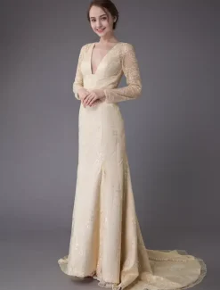 Wedding Dresses Lace V Neck Long Sleeve Backless Mermaid Bridal Gown With Train