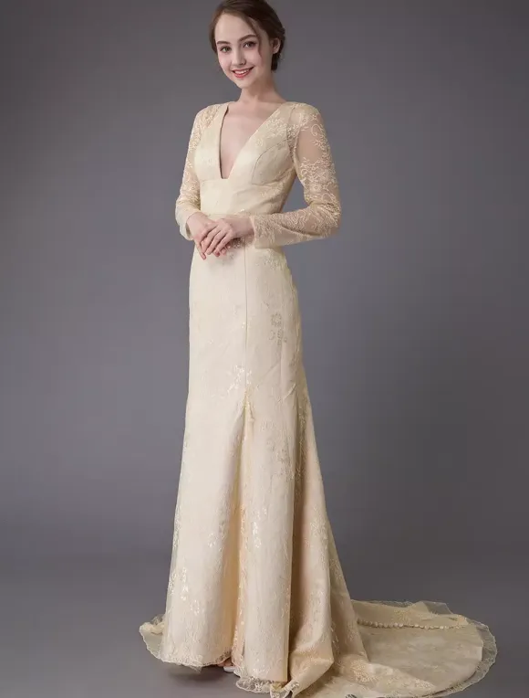 Wedding Dresses Lace V Neck Long Sleeve Backless Mermaid Bridal Gown With Train