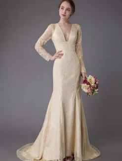 Wedding Dresses Lace V Neck Long Sleeve Backless Mermaid Bridal Gown With Train
