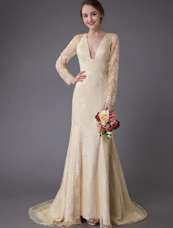 Wedding Dresses Lace V Neck Long Sleeve Backless Mermaid Bridal Gown With Train