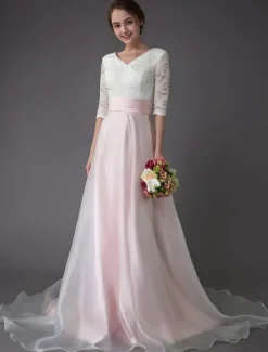 Wedding Dresses Pink V Neck Half Sleeve Pleated A Line Bridal Gown With Train