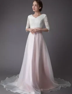 Wedding Dresses Pink V Neck Half Sleeve Pleated A Line Bridal Gown With Train