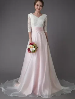 Wedding Dresses Pink V Neck Half Sleeve Pleated A Line Bridal Gown With Train
