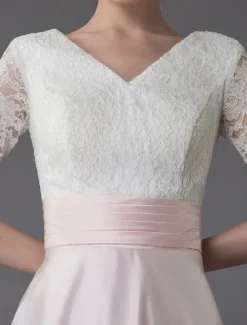 Wedding Dresses Pink V Neck Half Sleeve Pleated A Line Bridal Gown With Train