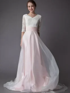 Wedding Dresses Pink V Neck Half Sleeve Pleated A Line Bridal Gown With Train