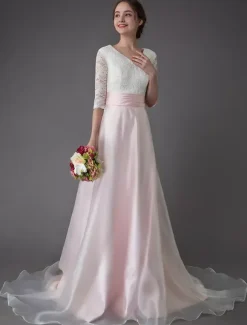 Wedding Dresses Pink V Neck Half Sleeve Pleated A Line Bridal Gown With Train