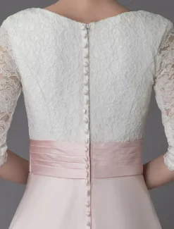 Wedding Dresses Pink V Neck Half Sleeve Pleated A Line Bridal Gown With Train